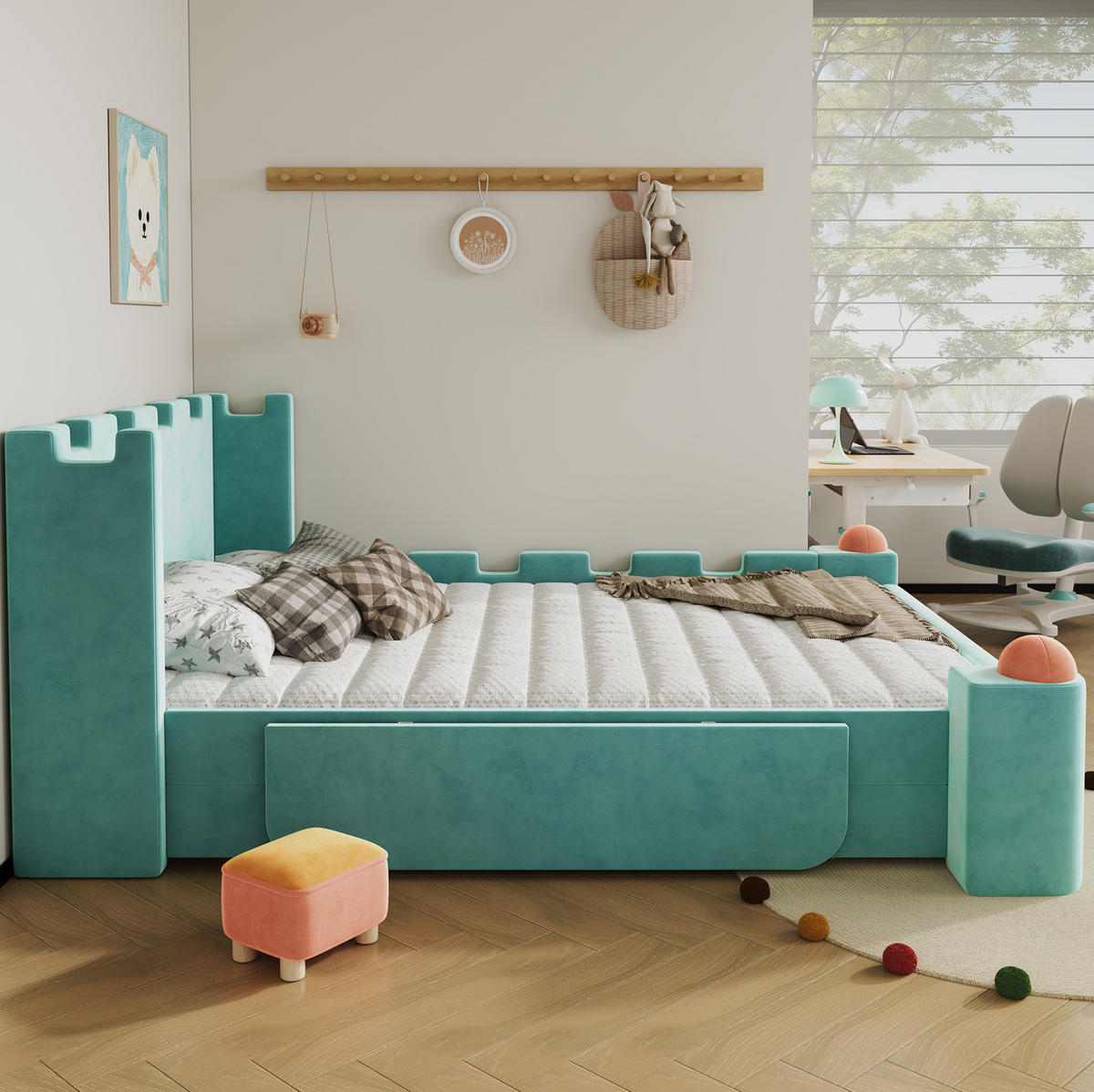 KINDERPOLSTERBETT 140x200 cm in Blaugrün mit Schublade und klappbarer Ablage - Blau, Holz (140/200cm) - IVMEU