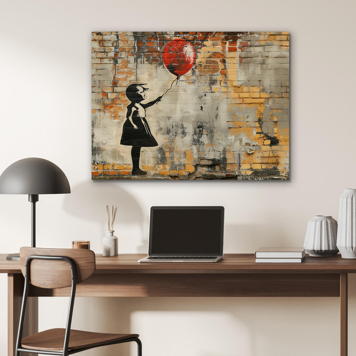 KOVOVÝ OBRAZ Graffiti - Banksy - Dievča - Street art 80x60 cm - piesková, kov (80/60cm) - MuchoWow