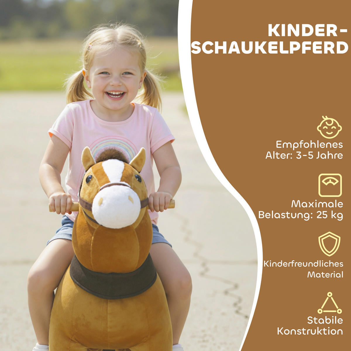REITPFERD Spielpferd zum Reiten mit Sattel Rollen 75 cm Stehpferd Plüschpferd - Dunkelbraun, Textil (30/75/70cm) - AIYAPLAY