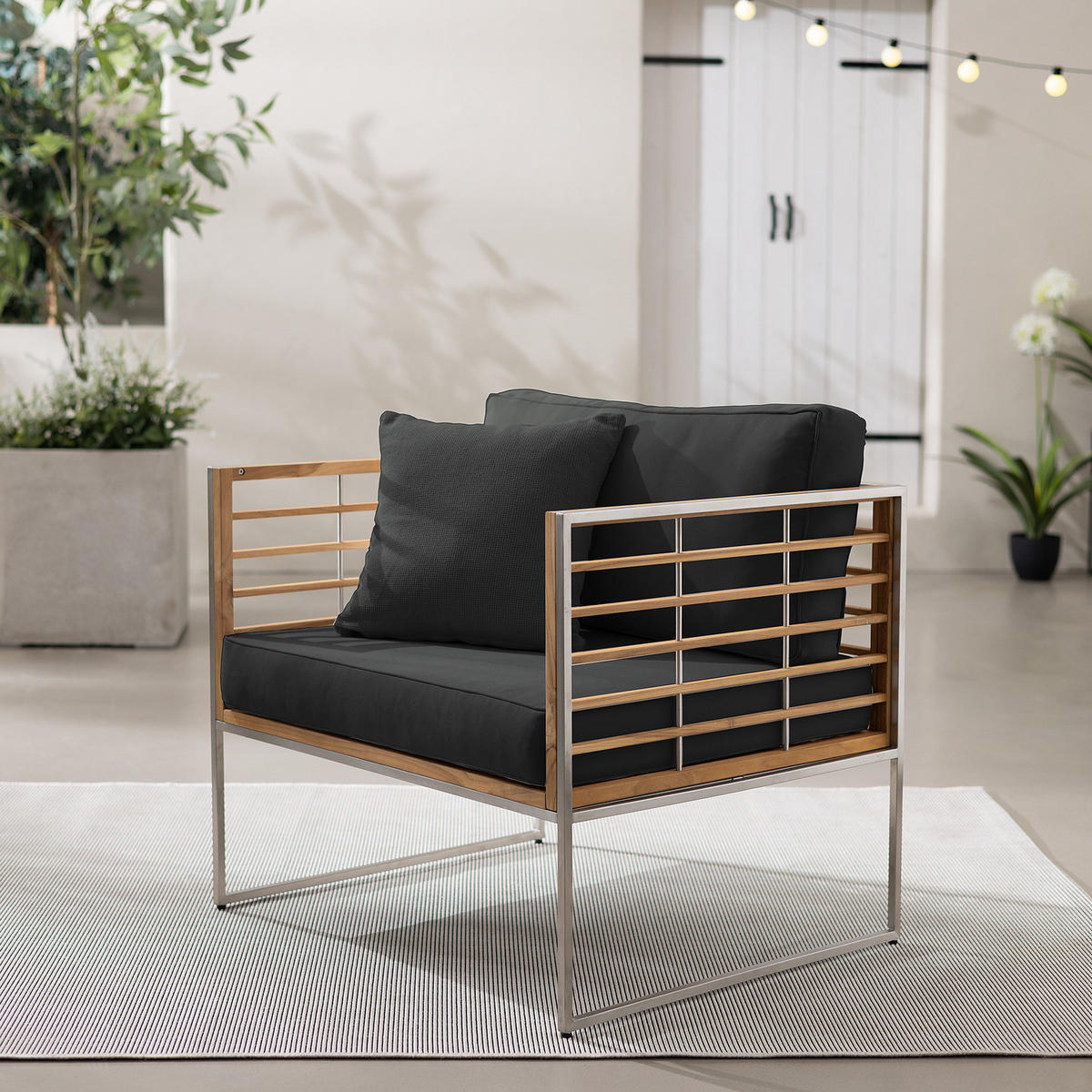 GARTENSESSEL - Webstoff / Teak massiv - Anthrazit, Holz/Textil (83/74/70cm) - home24