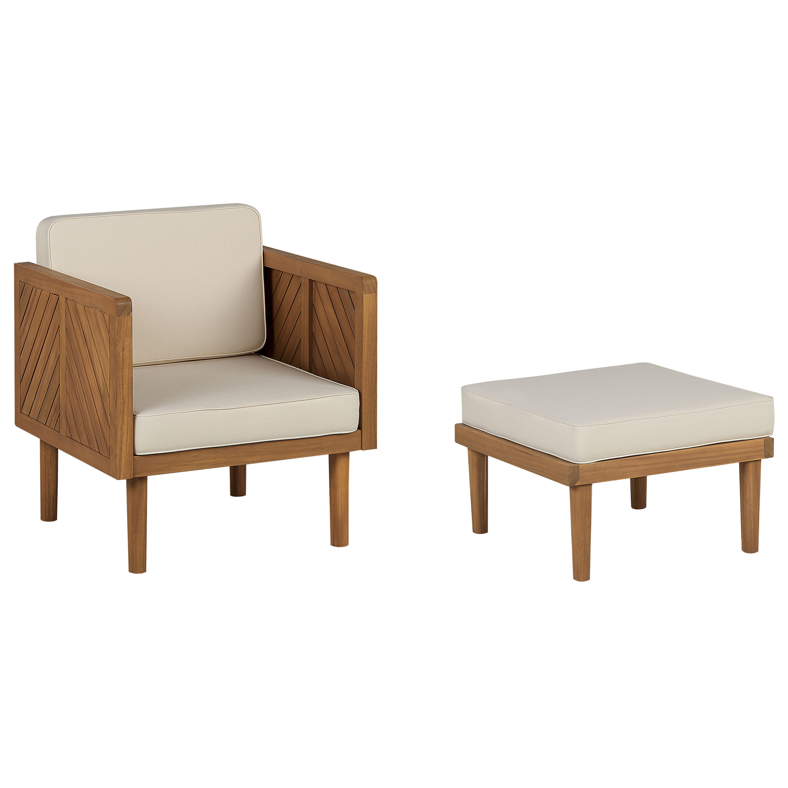 GARTENSESSEL Akazienholz hellbraun Auflagen creme mit Ottomane Baratti - Hellbraun/Beige, Holz (65/76/65cm) - Beliani