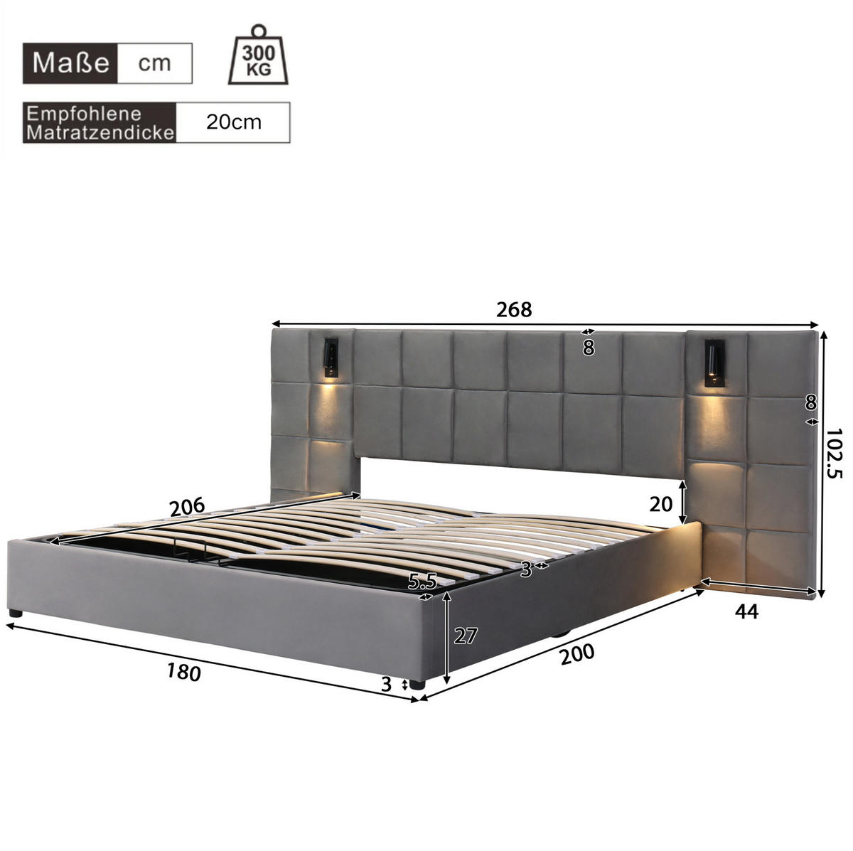POLSTERBETT 180/200 cm mit USB-Anschluss, Leselicht und hydraulischem Bettkasten, Stahlrahmen & Samt, Grau - Grau, Metall (140/200cm) - Redom