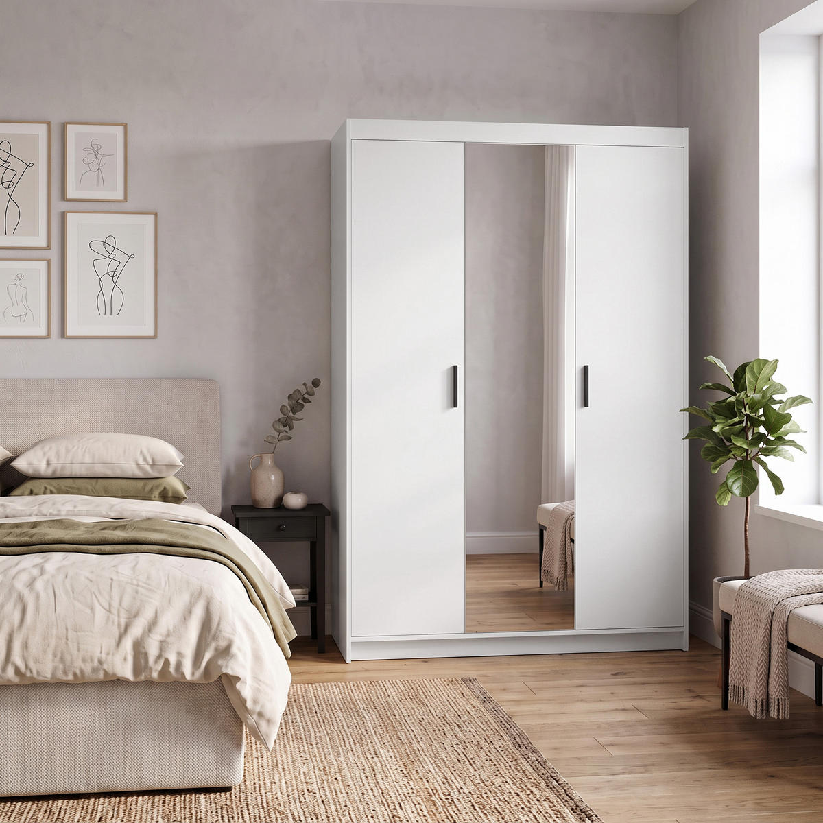 ŠATNÍ skříň Elena se 3 dveřmi, se zrcadlem, bílá - bílá, kompozitní dřevo (130/190/53cm) - Beautysofa
