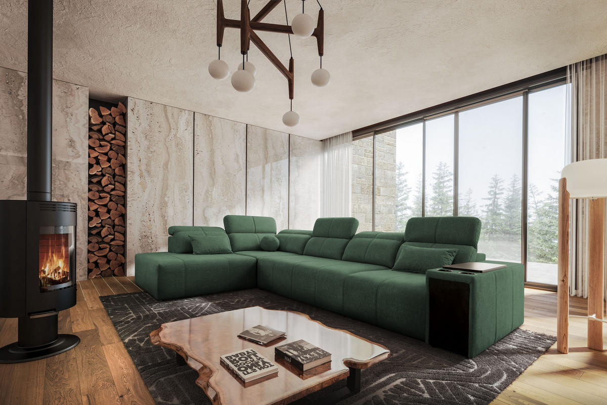 ECKSOFA L-Form Mindy XI Mit Schlaffunktion Und Verstellbarer Rückenlehne Stoff Verita Grün Links - Grün, Holz/Textil (230/350cm) - Kaiser Möbel