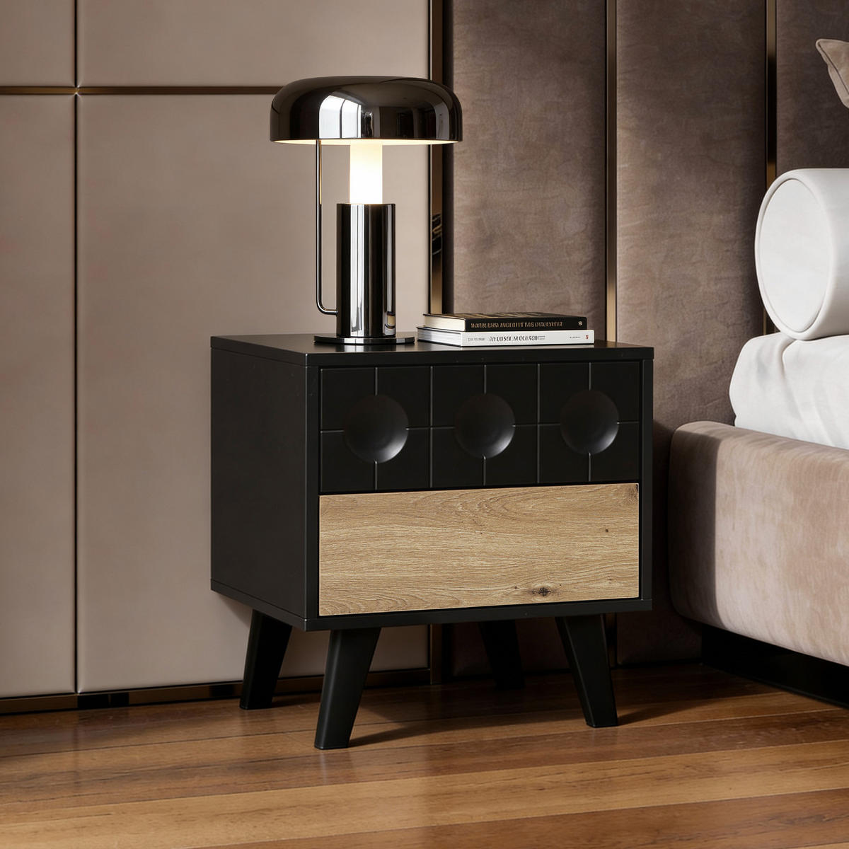 NACHTTISCH mit 2 Schubladen, Natur und Schwarz | 40T x 45B x 48H cm - Schwarz, Holz (45/48/40cm) - Hometopia