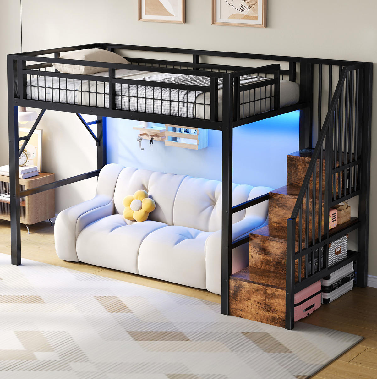 HOCHBETT 90/200 cm aus Metall mit LED-Lichtleiste, Treppe mit Stauraum und Freiraum unter dem Bett, Schwarz - Schwarz, Metall (90/200cm) - Redom