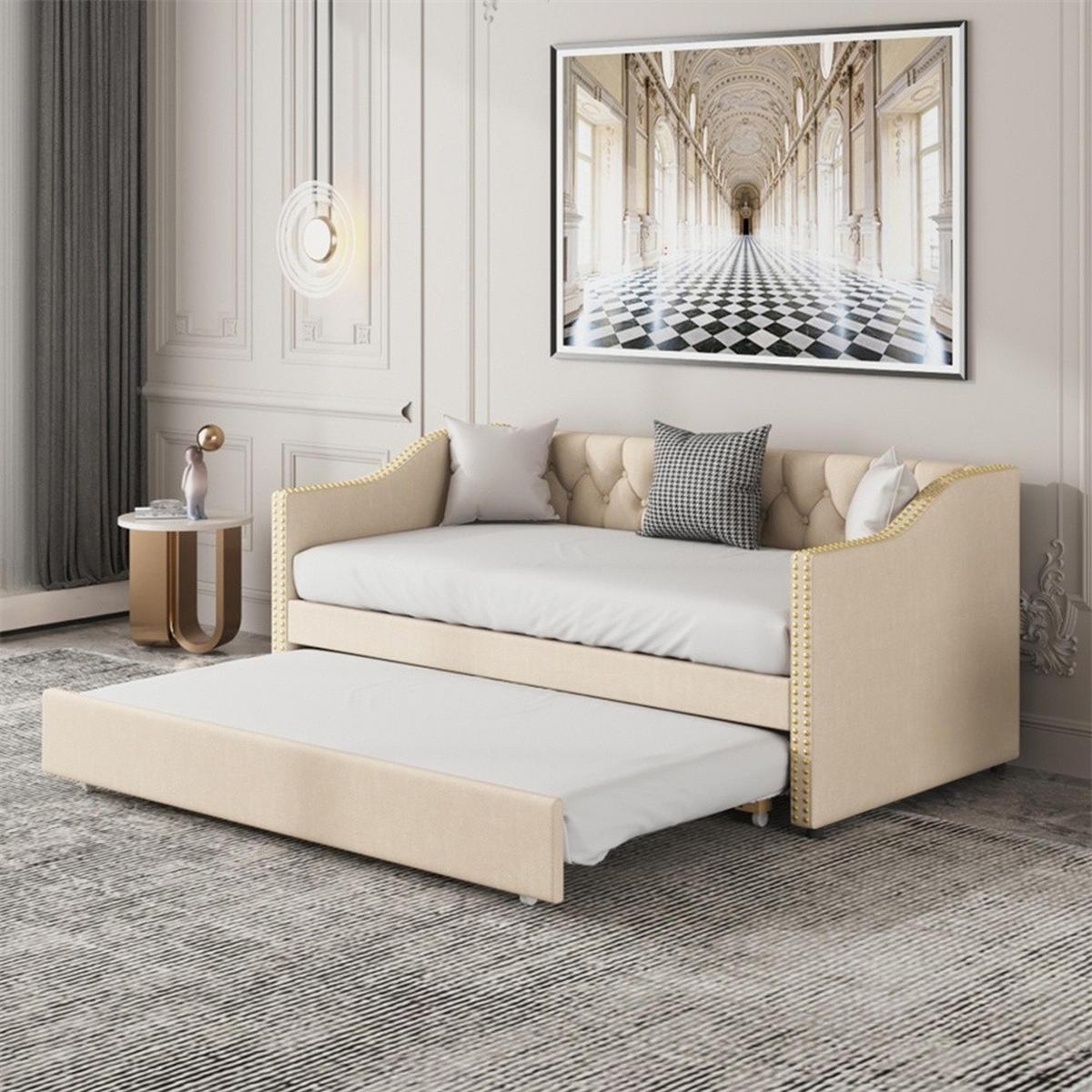 POLSTERBETT 90x200 cm mit Rückenlehne - mit Ausziehbett und Armlehnen - ohne Matratze - Beige - Beige, Textil (90/200cm) - DELFA