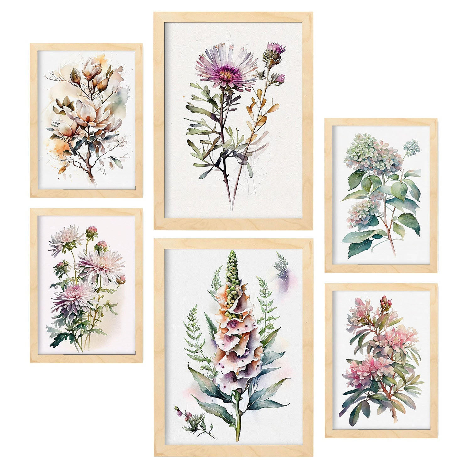 POSTER Set Mit 6 Waldblumen Vollfarbige Natur Und Botanikdrucke Mit Blumenmotiven Auf Reinweißen Hintergründen A3 & A4 Rahmen Aus Hellem Holz - Beige, Papier (29/3cm) - Nacnic