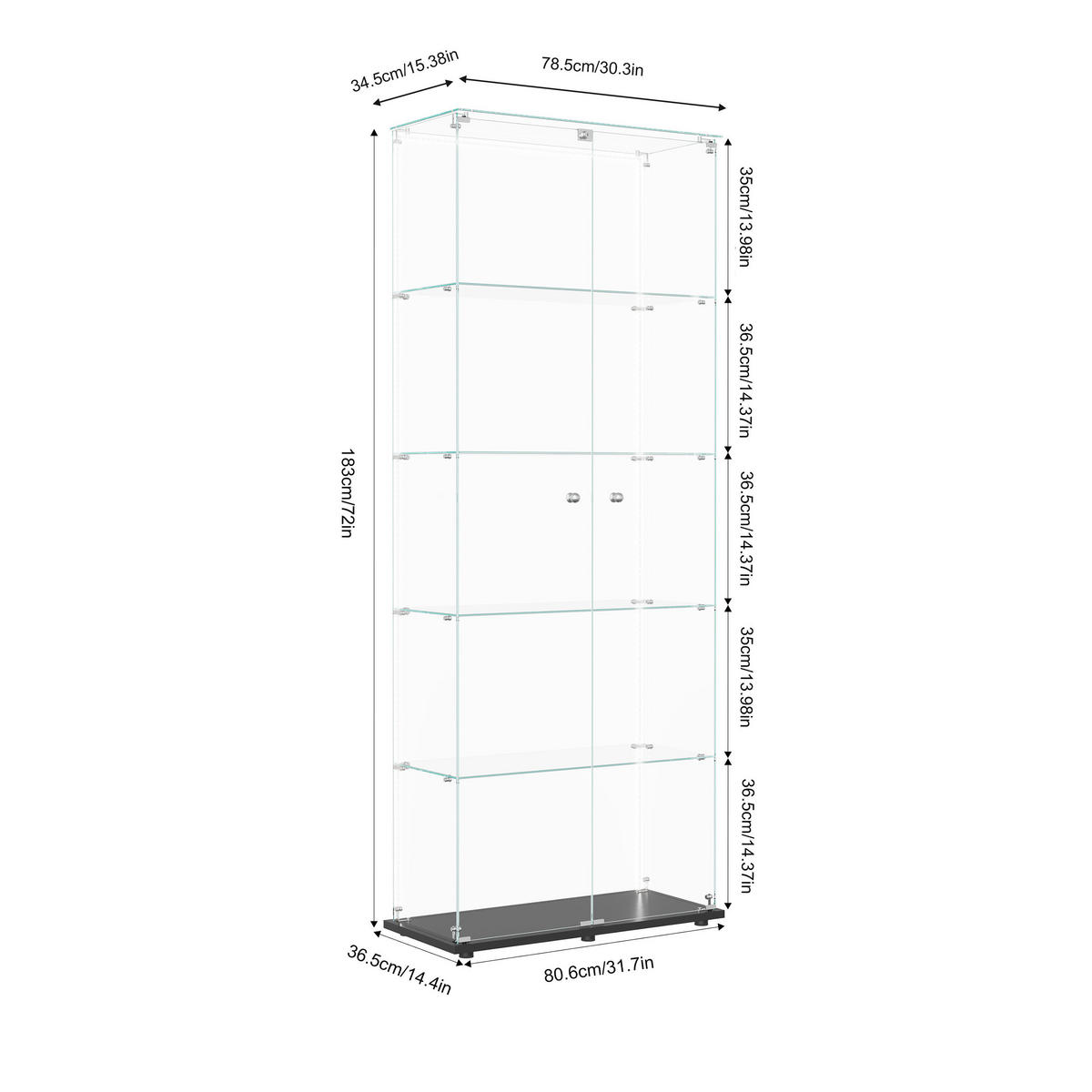 GLASVITRINE mit 5 Einlegeböden, LED-Lichtleiste, Doppeltür mit Sicherheitsschloss in schwarz - Schwarz, Glas/Holz (36.5/183/80.6cm) - BRILVERDE