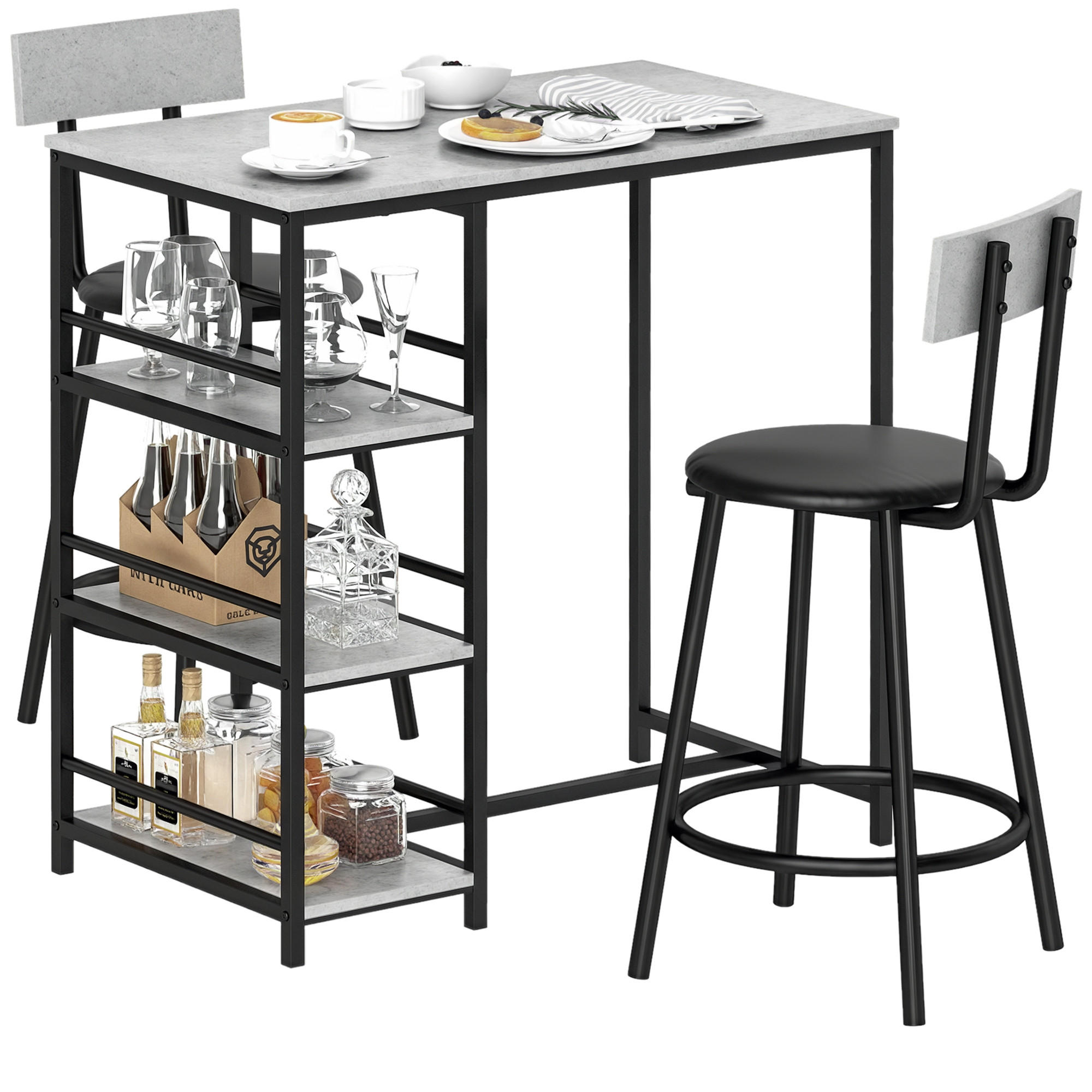 BARTISCH-SET DE-14753 mit 3 Ablagen & 2 Hockern Grau/Schwarz - Hellgrau, Holzwerkstoff (90/50/90.5cm) - ComfortXL