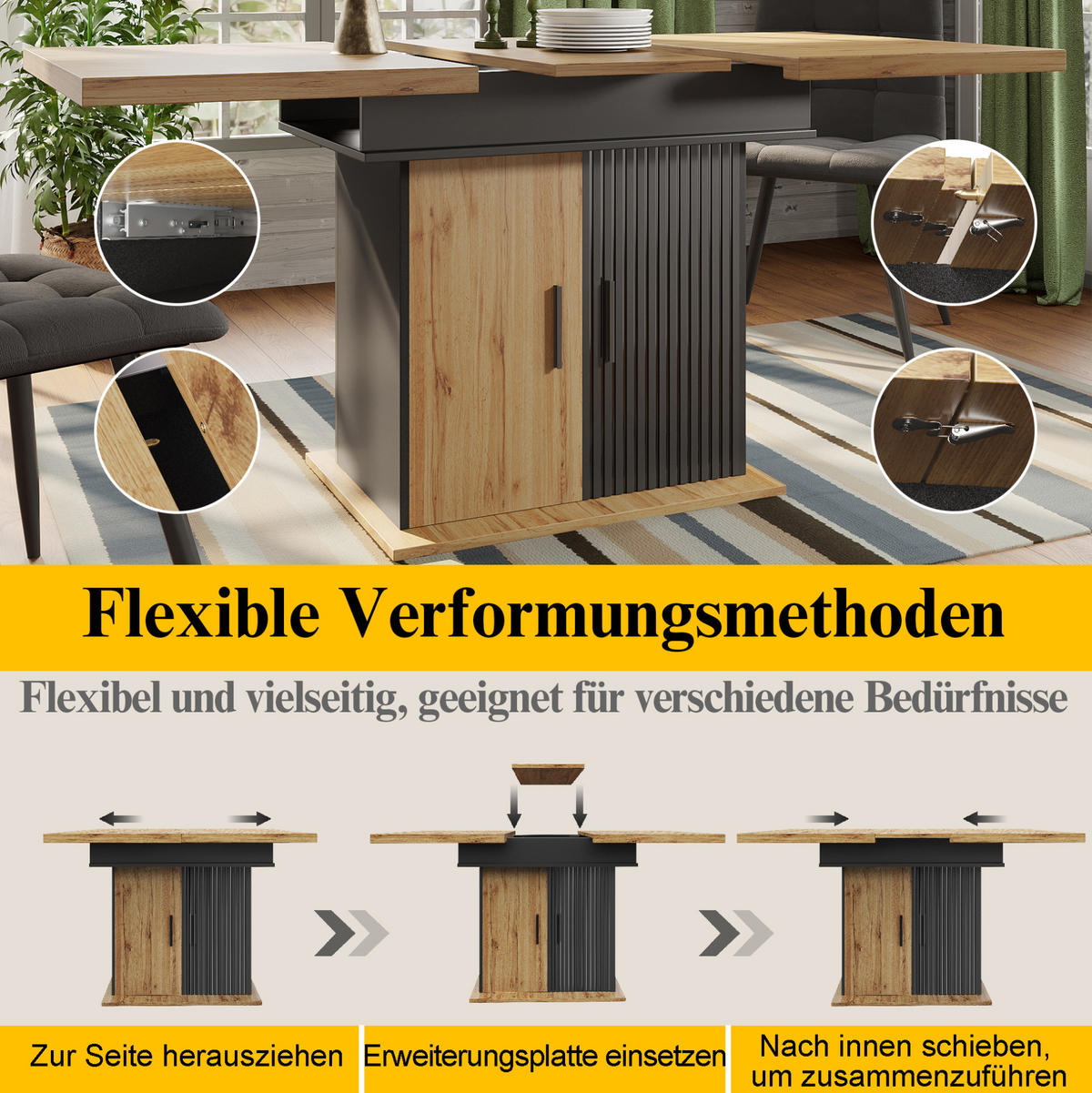 AUSZIEHTISCH 110-140/80/75 cm in Schwarz/Natur mit Stauraum für 4-6 Personen - Schwarz, Holzwerkstoff (110/80/75cm) - BEAOK