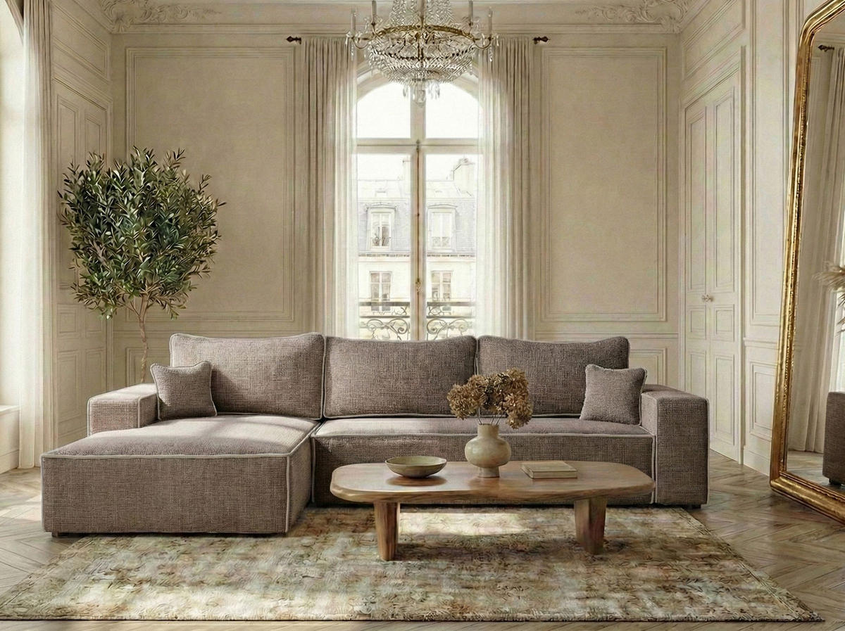 ECKSOFA MIT SCHLAFFUNKTION Modo Beige grau Chenille-Stoff - Links Seite - Beige/Schwarz, Holz/Holzwerkstoff (185/294cm) - Maison de Reve