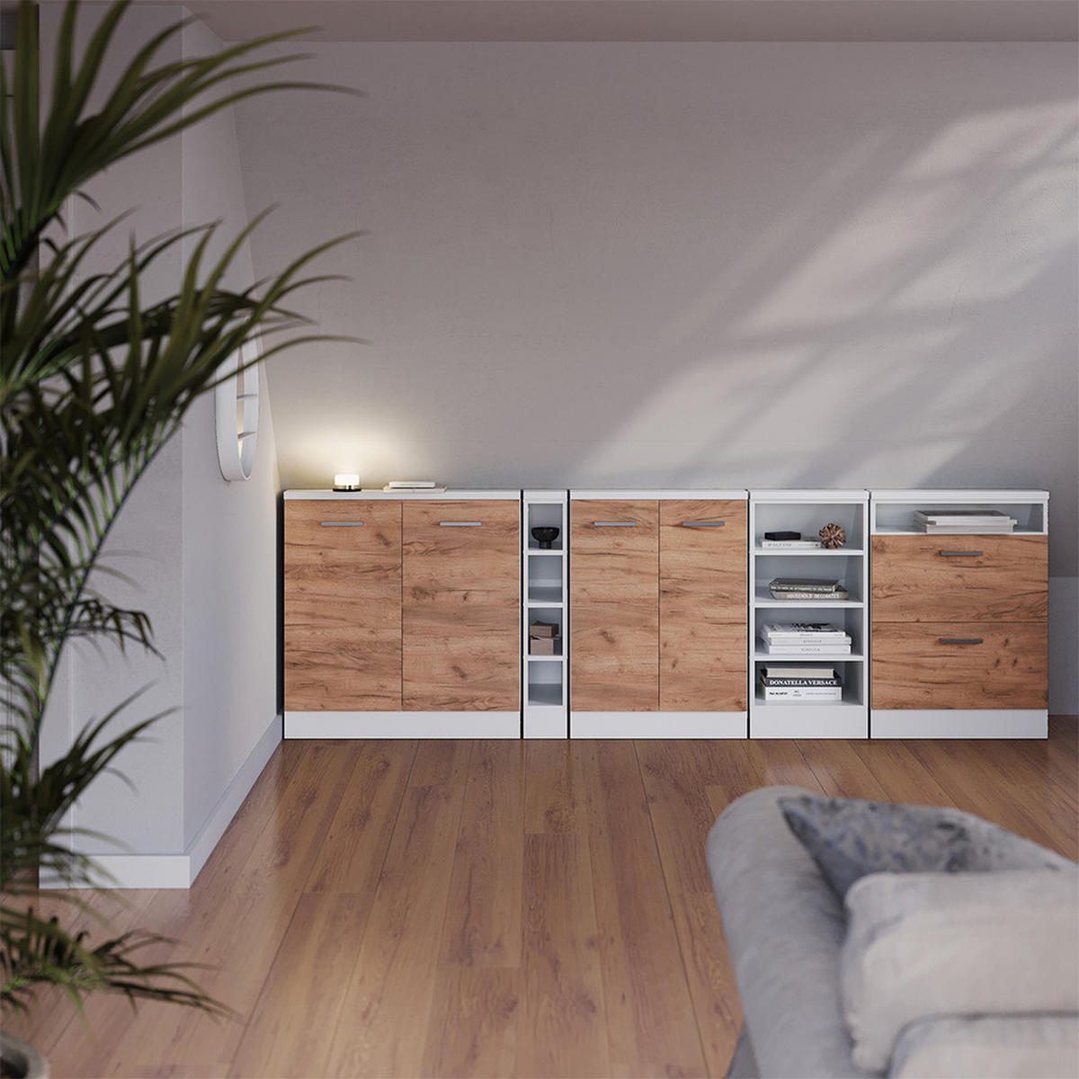 DACHSCHRÄGENSCHRANK-SET Rion Goldkraft Eiche/Weiß 5er Set - Honigeiche/Weiß, Holzwerkstoff (215/81.6/46cm) - Vicco