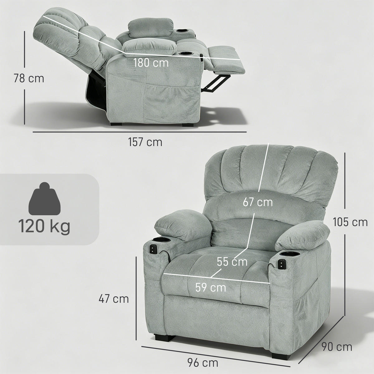 RELAXSESSEL Polyester Grau - Schwarz/Grau, Textil/Metall (90/105/96cm) - HOMCOM
