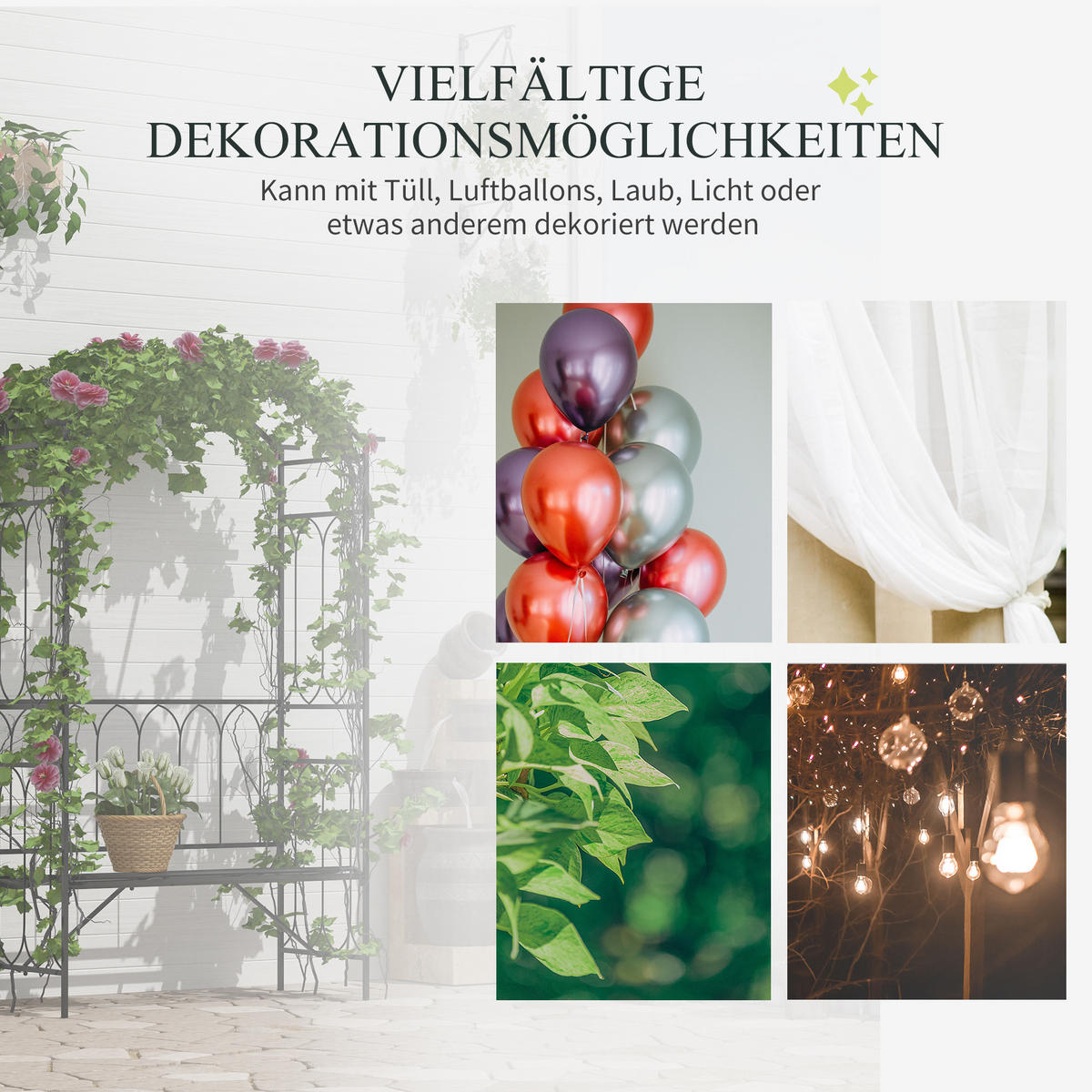 ROSENBOGEN mit Bank, 115 x 50 x 203 cm, Metall, Schwarz - Schwarz, Metall (115/203/50cm) - Outsunny