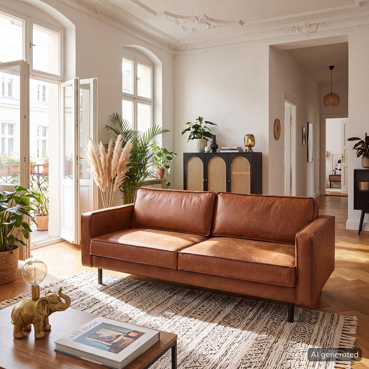 3-SITZER SOFA - Cognac/Schwarz, Leder/Textil (207/81/96cm) - home24
