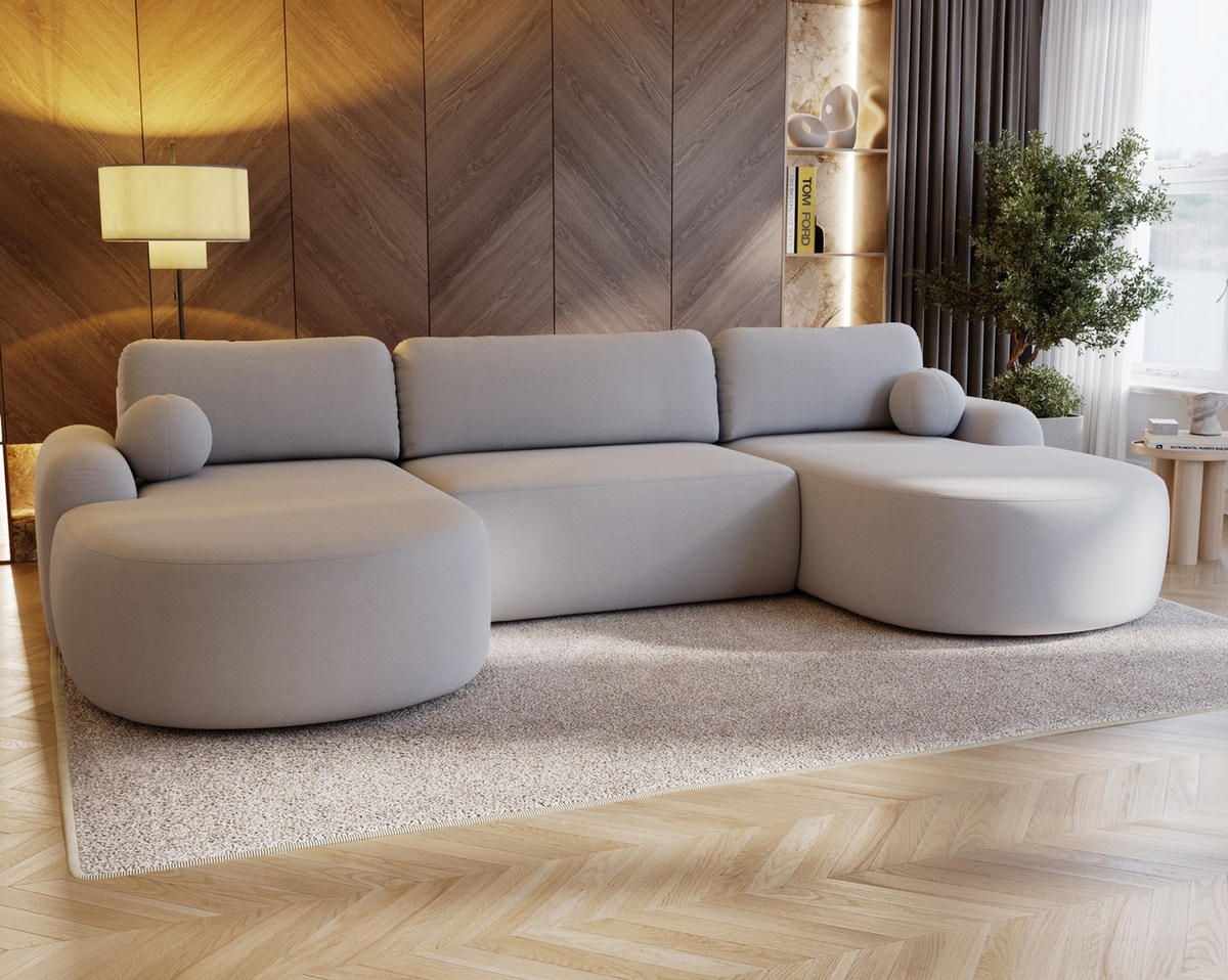 WOHNLANDSCHAFT DION-U Boucle HELLGRAU mit Schlaffunktion - Hellgrau, Textil (377/92/177cm) - Luxkor24