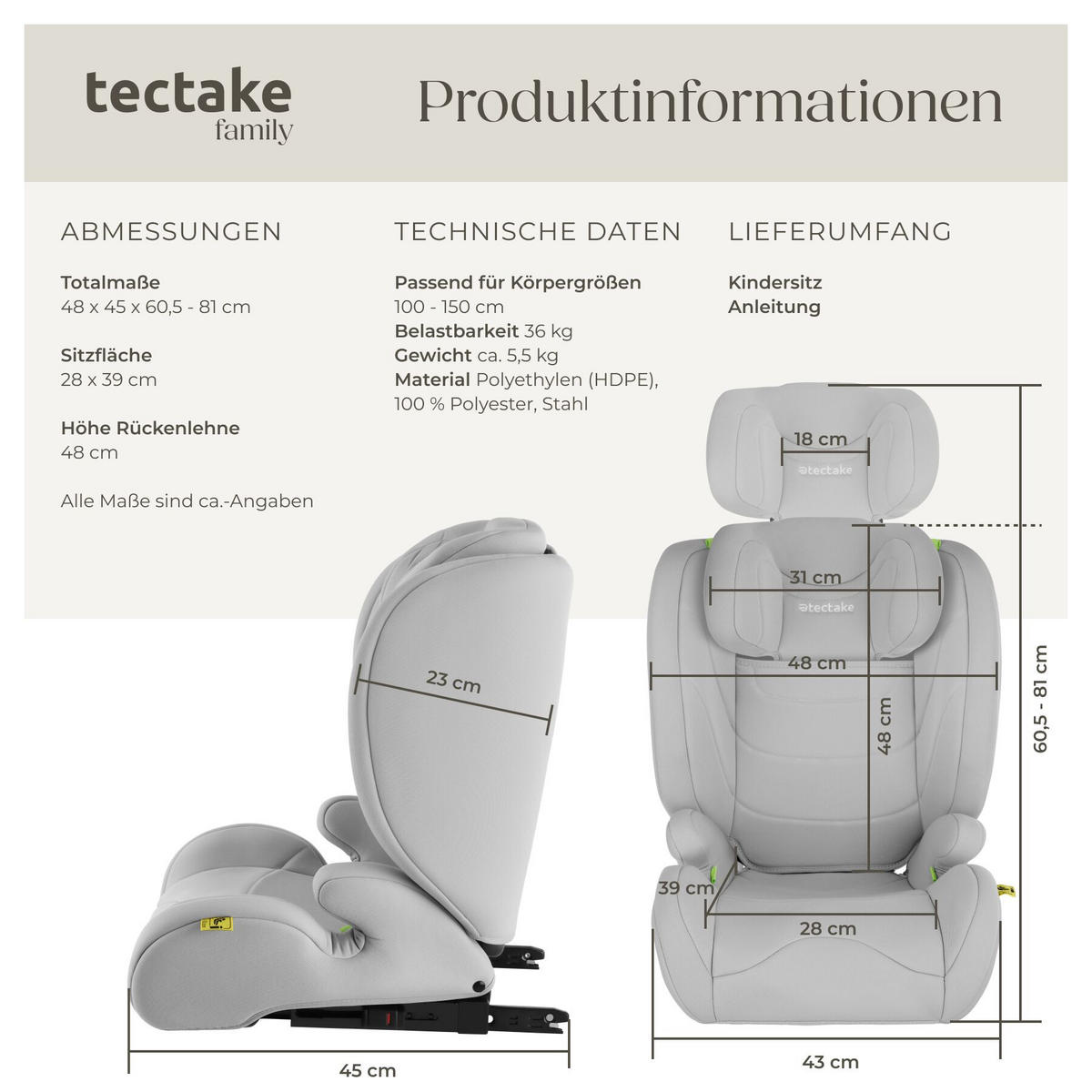 AUTOSITZ Levi, von 100 bis 150 cm, Belastbarkeit 36 kg, hellgrau - Hellgrau, Kunststoff (48/81/45cm) - tectake