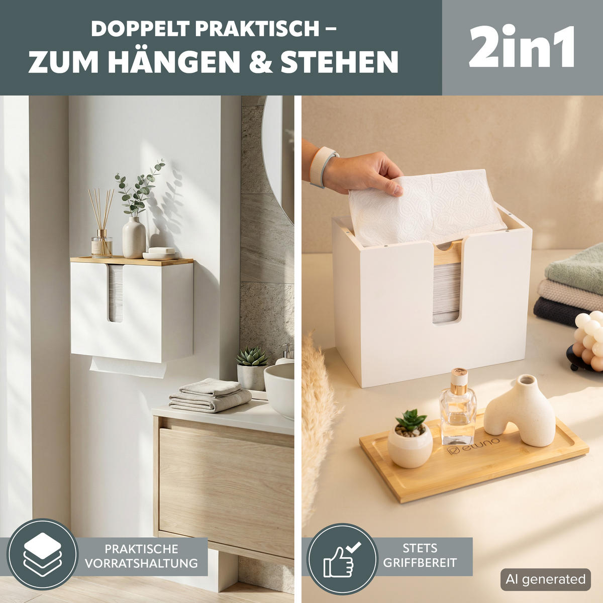 PAPIERHANDTUCHSPENDER mit Bambus-Einsatz - Weiß, Naturmaterialien (29/25/15cm) - eluno