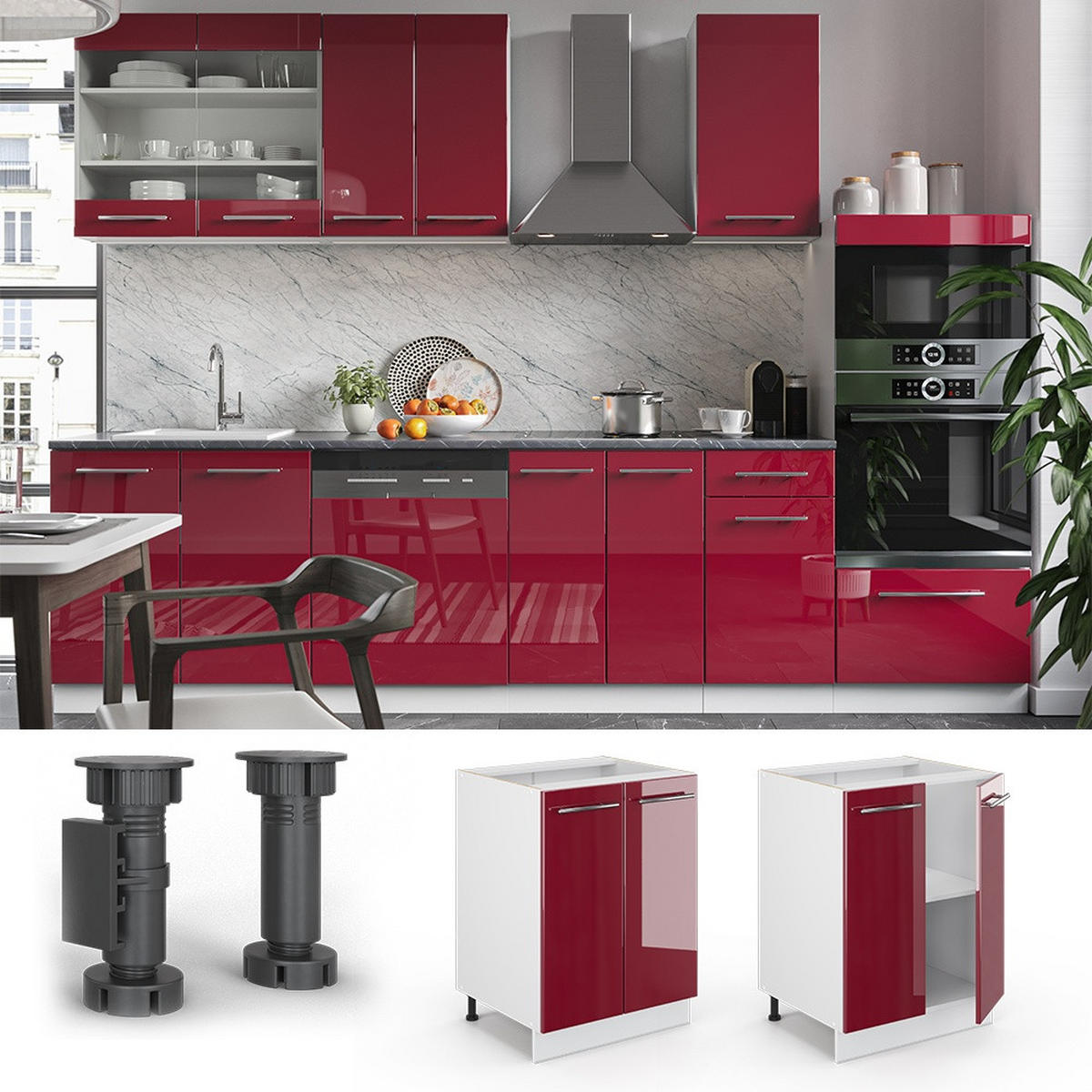 KÜCHENUNTERSCHRANK Fame-Line Bordeaux Hochglanz 60 cm , AP Marmor - Bordeaux/Weiß, Holzwerkstoff (60/82/60cm) - Vicco