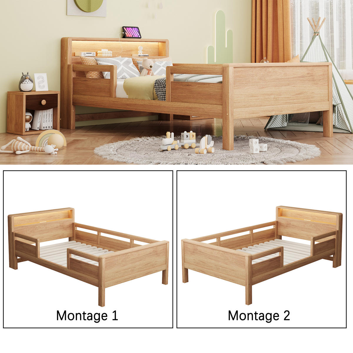 KINDERBETT 90x200cm Kiefer Holz USB LED Kopfteil Stauraum - Naturfarben, Holz (90/200cm) - FLIEKS