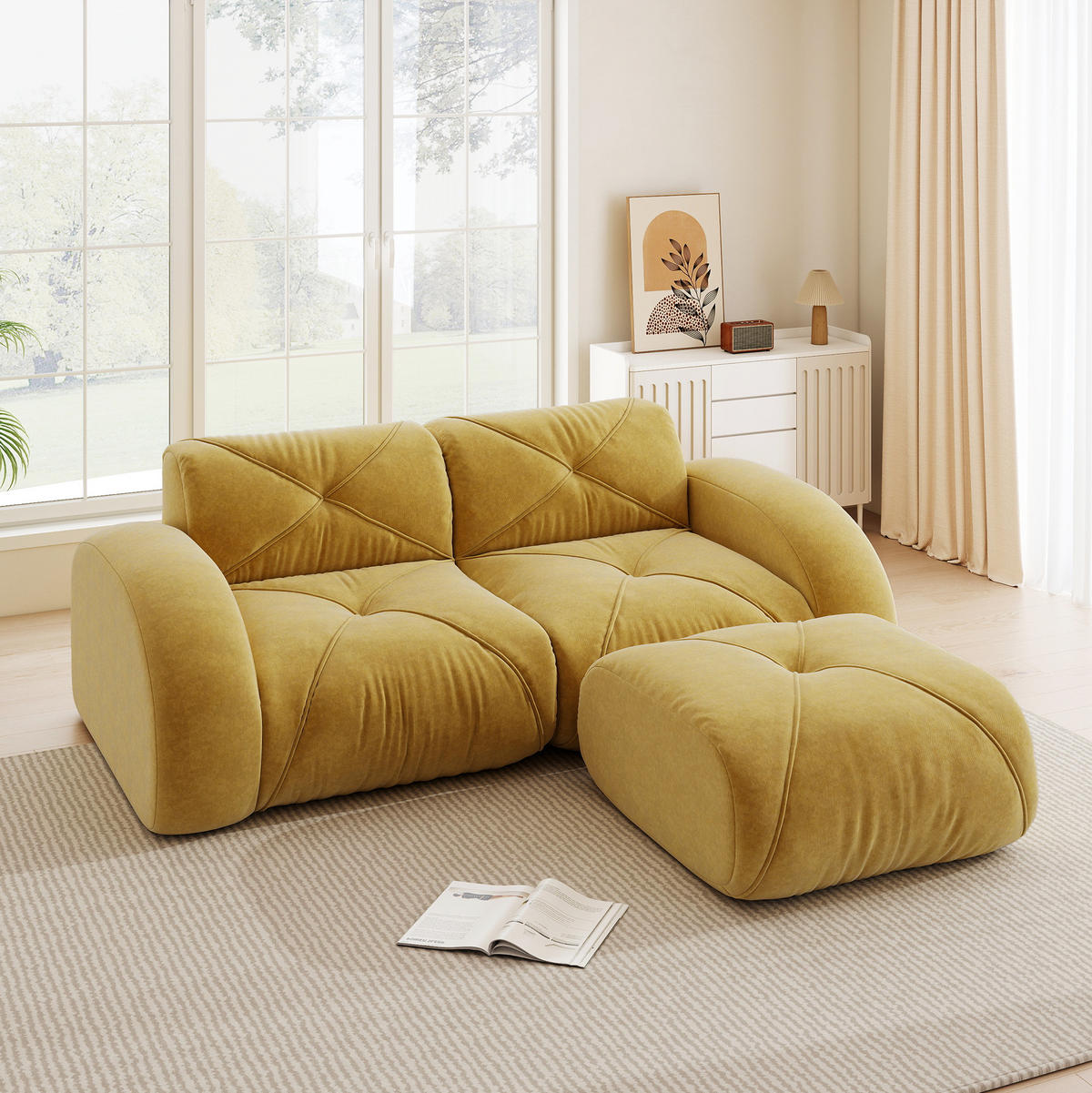 ECKSOFA 204/171/76 cm in Gelb mit Hocker aus Chenille und Moduldesign - Gelb, Textil (171/204cm) - Flora Grace