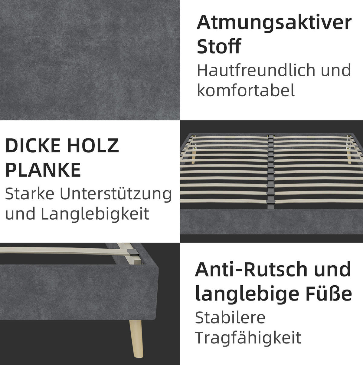POLSTERBETT 160/200 cm mit verstellbarer Rückenlehne und stabilem Metallrahmen, Stoff, Grau - Grau, Textil (160/200cm) - Redom