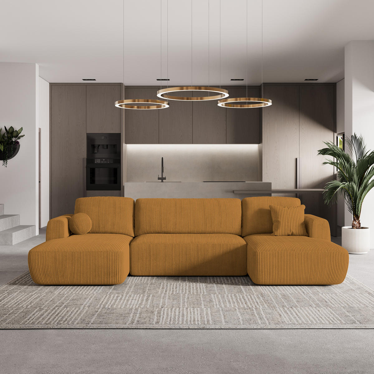 ROHOVÁ SEDAČKA SENTUM žlutá - černá/žlutá, dřevo/textil (330/148cm) - MASSENO