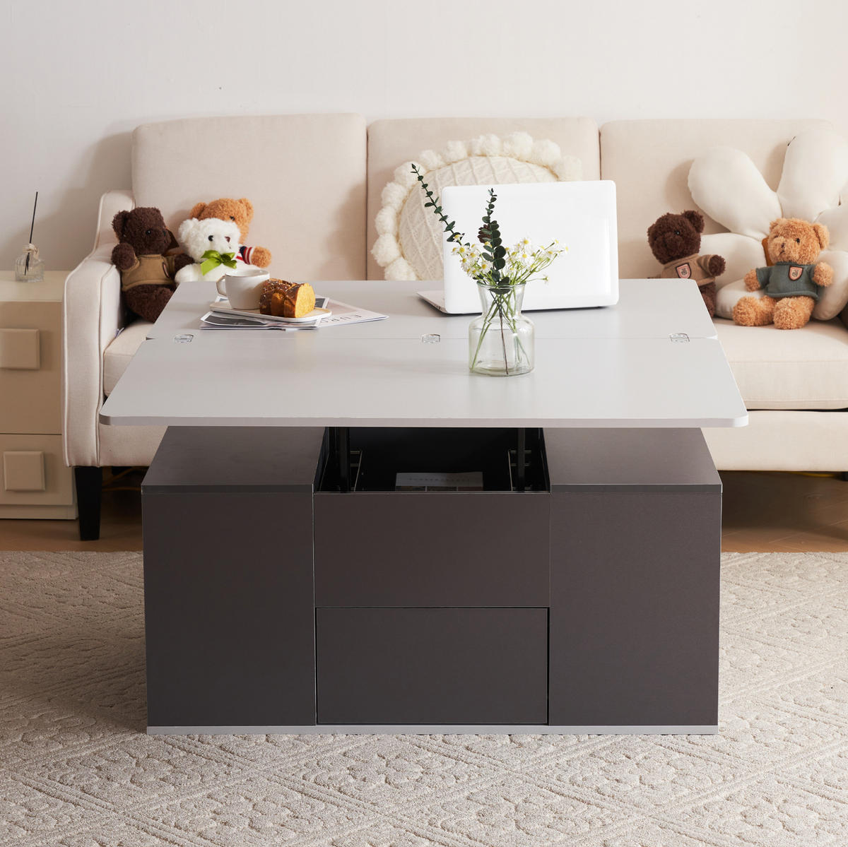 COUCHTISCH, höhenverstellbar, 2‑in‑1 Klapptisch mit Stauraum, 2 Schubladen, 100/51/47 cm, Grau - Grau, Holzwerkstoff (100/51/47cm) - Redom
