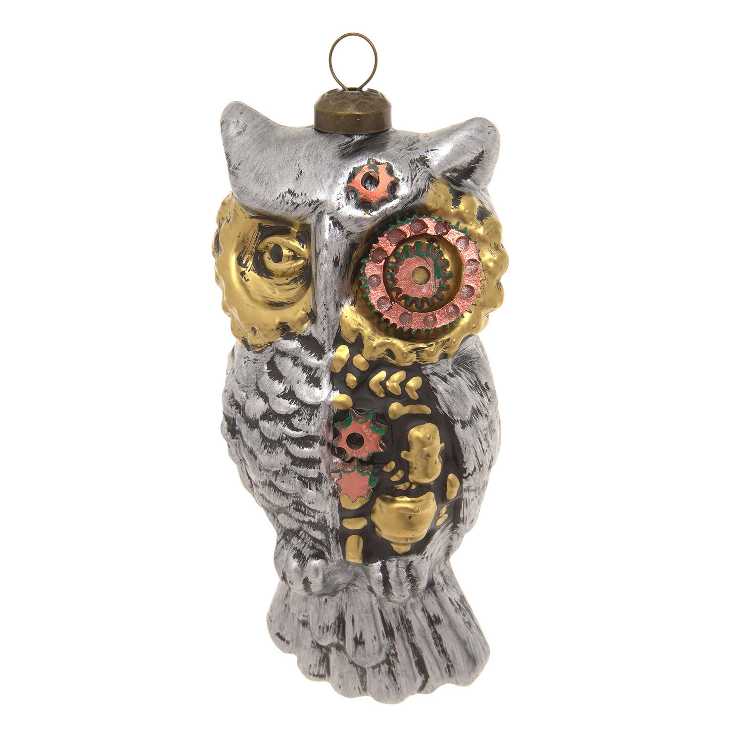 CHRISTBAUMSCHMUCK Steampunk Eule Silberfarbig 14cm (Glas / 1 Stk.) - Silberfarben, Glas (6/14/6cm) - Krebs Glas Lauscha