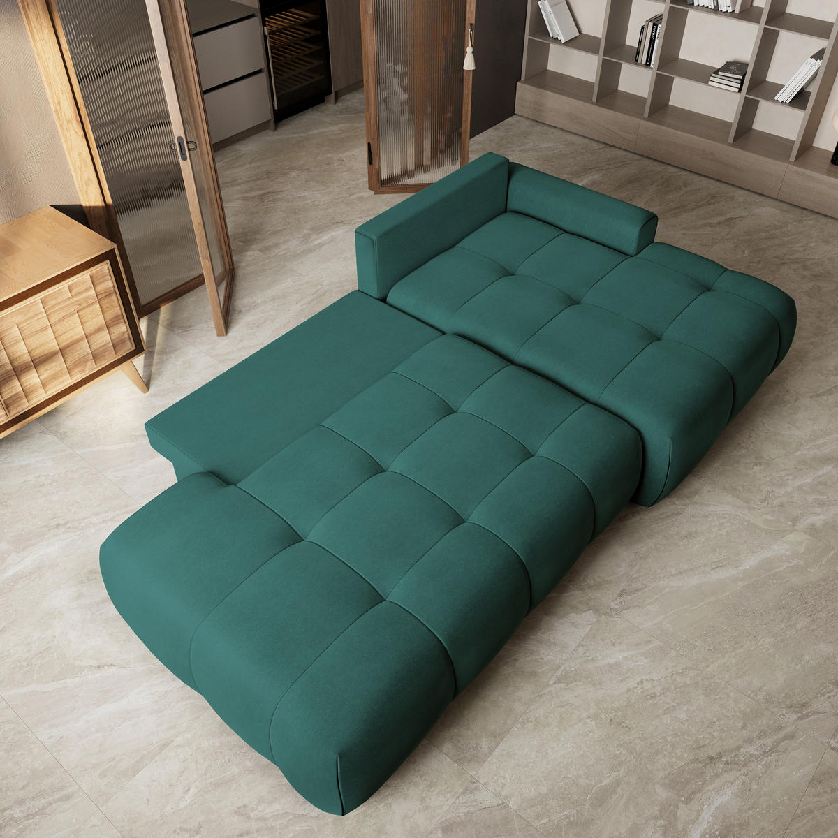 ECKSOFA FLUMA CL R-S Blau Samtstoff mit Schlaffunktion - Blau, Holzwerkstoff/Textil (279/158cm) - MASSENO