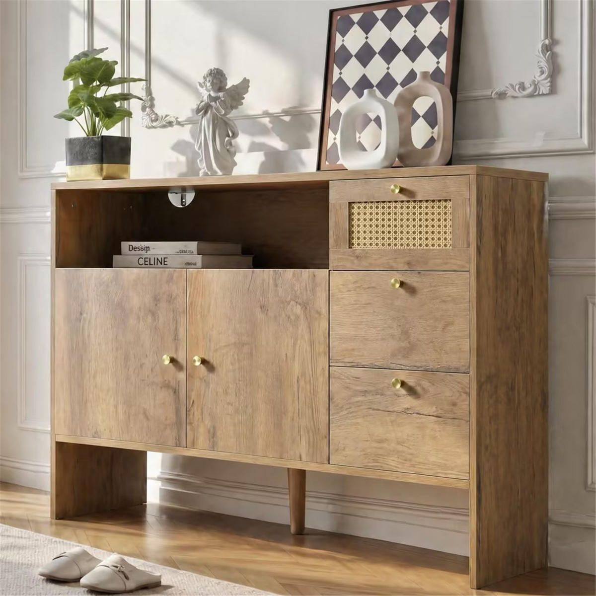 SIDEBOARD 105/76/40 cm mit 2 Türen und 3 Schubladen Rattan - Naturfarben, Holz (105/76/40cm) - Kaket
