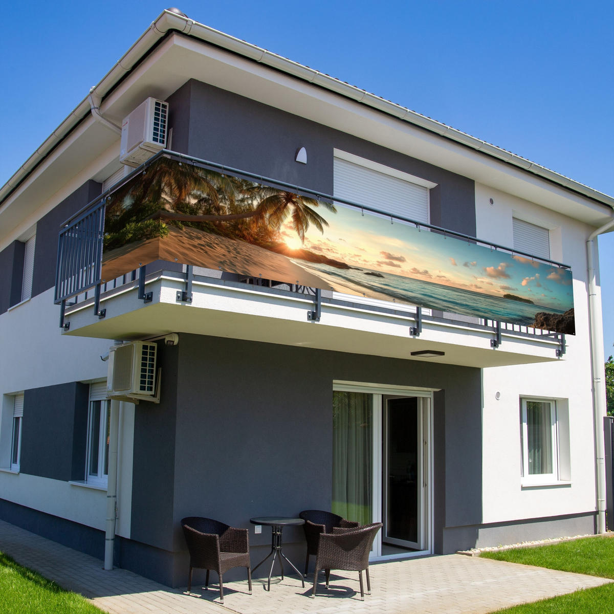 BALKON-SICHTSCHUTZ Strand - Palmen - Meer - Sonnenuntergang 500x90 cm - Samtahornfarben, Kunststoff (500/90cm) - MuchoWow