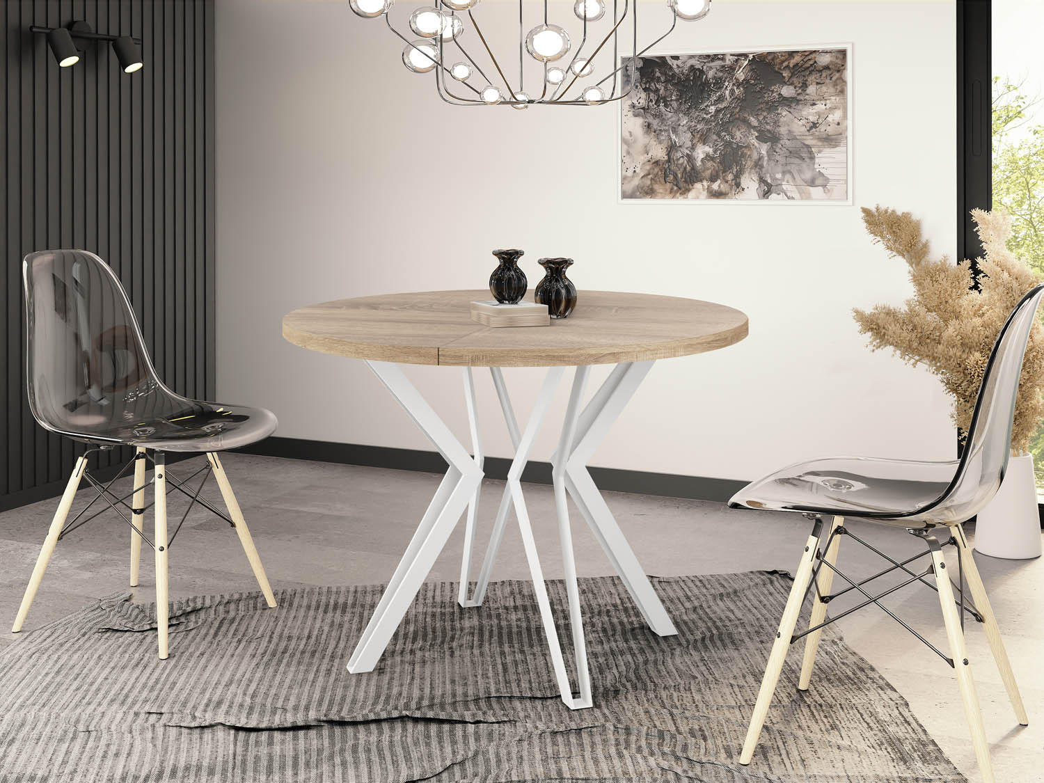 ESSTISCH Austin runder ausziehbarer, Sonoma Eiche 100-180/100/76 cm - Weiß/Sonoma Eiche, Holzwerkstoff/Metall (100/100/76cm) - WFL GROUP