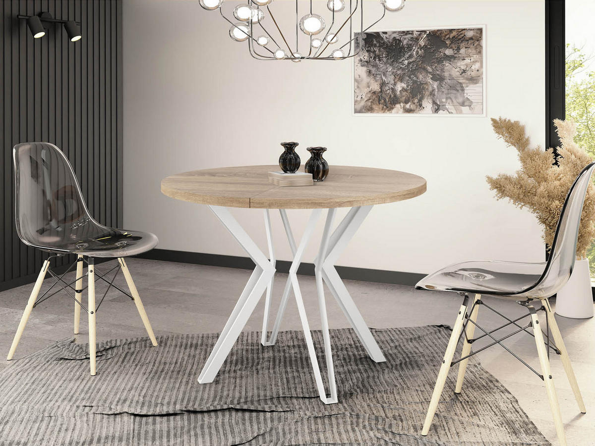 ESSTISCH Austin runder ausziehbarer, Sonoma Eiche 100-180/100/76 cm - Weiß/Sonoma Eiche, Holzwerkstoff/Metall (100/100/76cm) - WFL GROUP