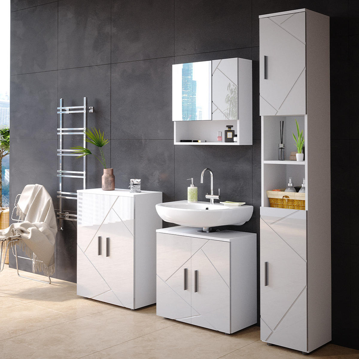 BADSCHRANK Irma Weiß Hochglanz 30 x 192 cm - Weiß Hochglanz, Holzwerkstoff (30/192/30cm) - Vicco