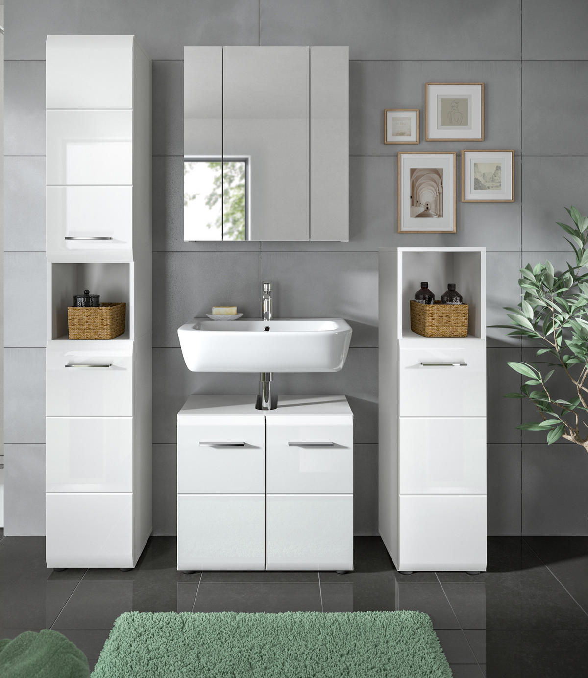 BADMÖBEL-SET weiß Hochglanz 4-teilig 150 cm, Komplettset mit viel Stauraum - Weiß Hochglanz/Silberfarben, Glas/Holzwerkstoff (150/185/30cm) - Inn.Furn