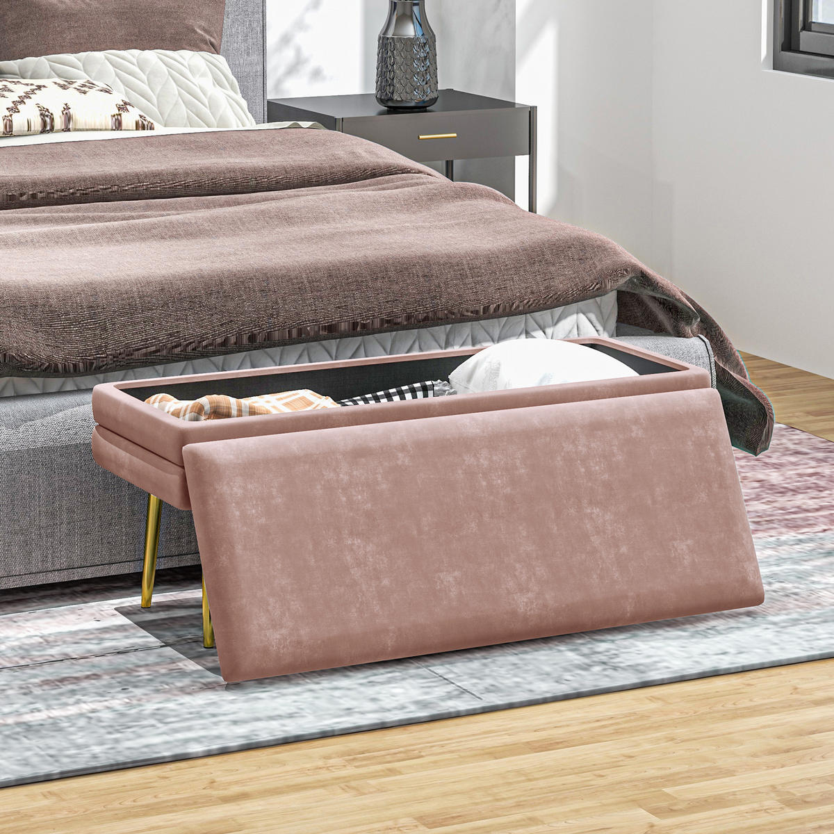SITZBANK, Polsterbank mit Stauraum, Samtoptik, Bettbank mit Stahlbeine, Rosa - Rosa, Kunststoff (37.5/42/100cm) - HOMCOM