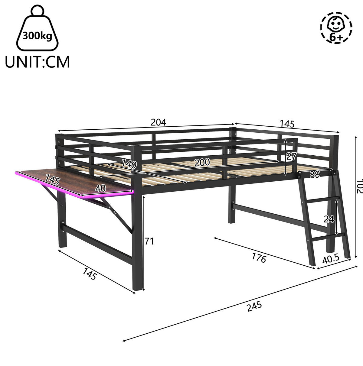 METALLBETT aus Metall 140x200 cm Schwarz mit Schutzgeländer, Leiter, klappbarem Schreibtisch und LED-Beleuchtung - Schwarz, Metall (140/200cm) - Modfu