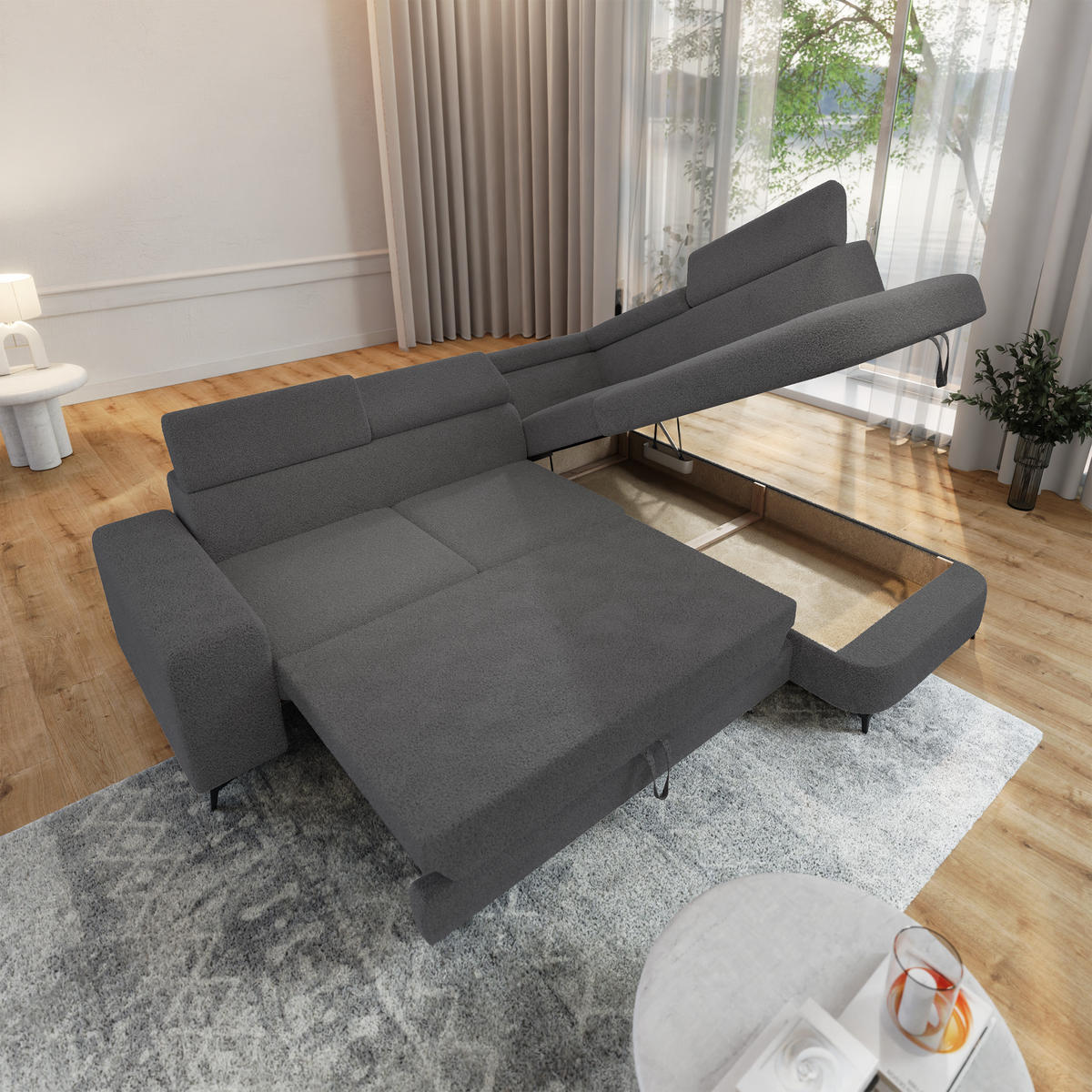 ECKSOFA ALVORO R-S Grau Boucle-Stoff mit Schlaffunktion - Grau, Holz (253/190cm) - MASSENO