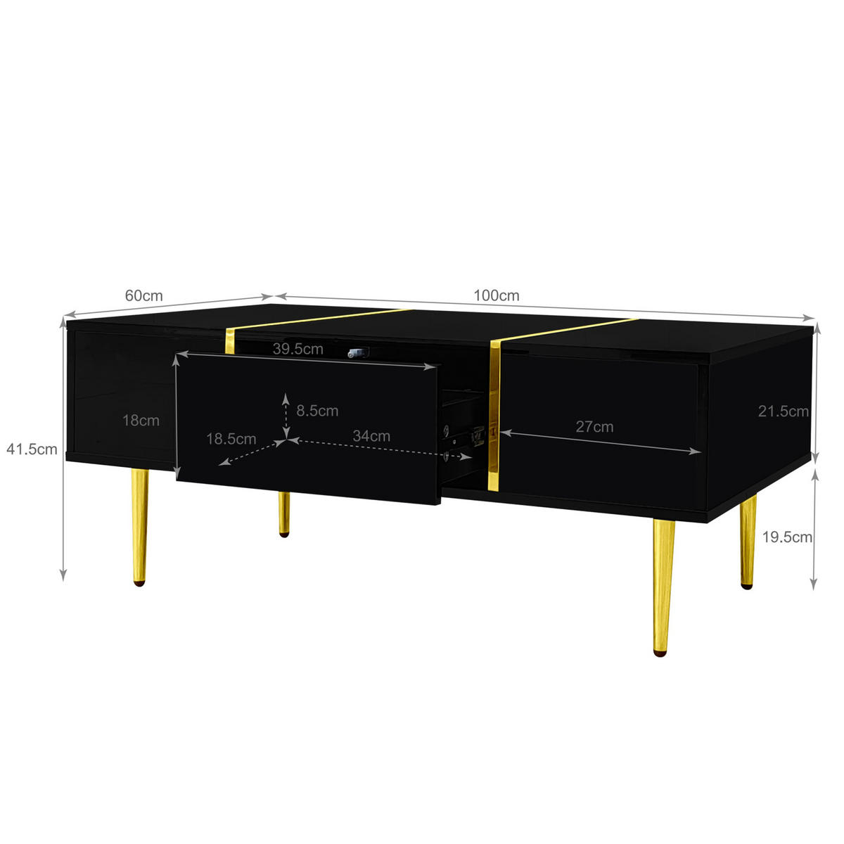 COUCHTISCH 100/60/41,5 cm mit 2 Schubladen, Hochglanz-Design und goldfarbenen Metallelementen, Schwarz - Schwarz, Holzwerkstoff (100/60/41.5cm) - Redom