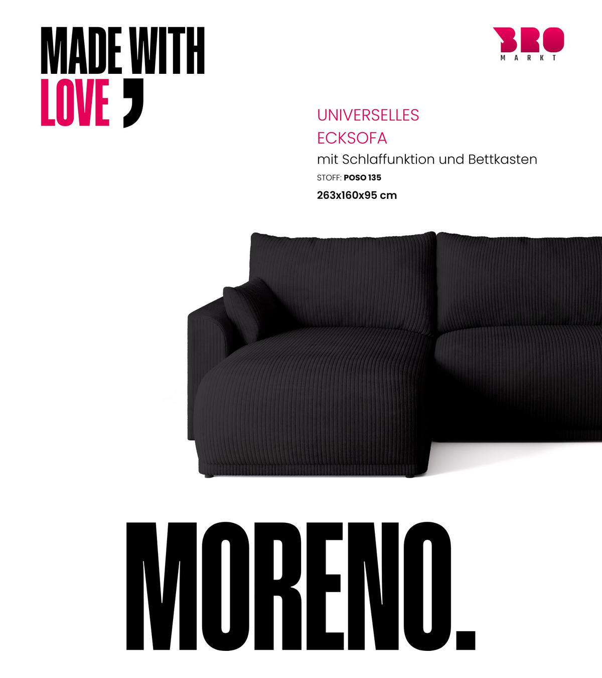 ECKSOFA MORENO mit Schlaffunktion Anthrazit Grau - Anthrazit, Textil (262/160cm) - Bromarkt