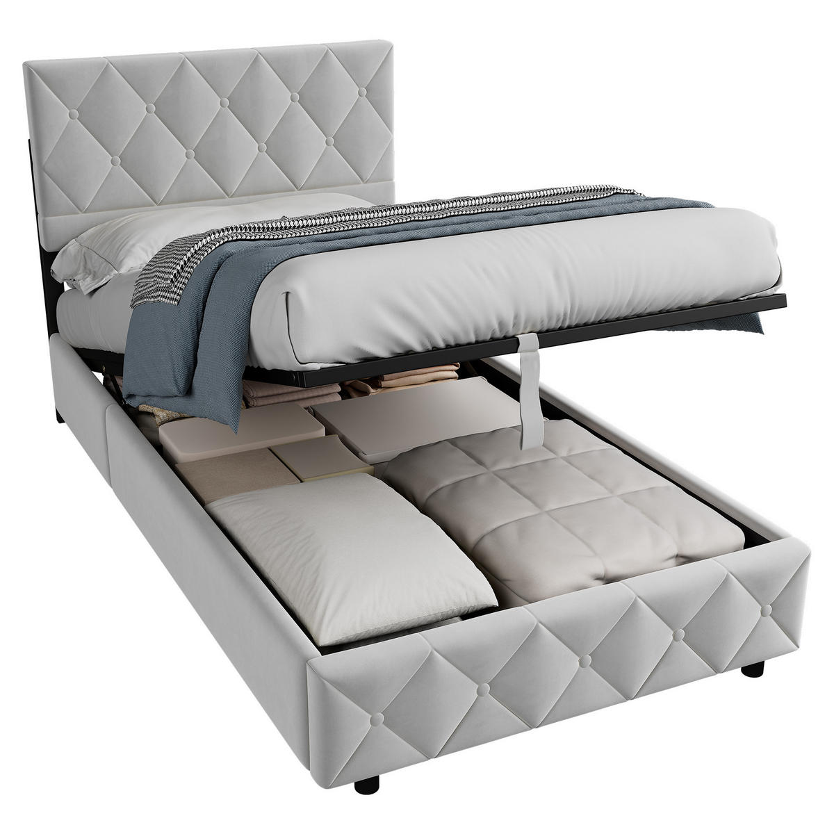 POLSTERBETT 90/200 cm in Grau Samt mit Bettkasten, hydraulischem Doppelhub-System und Lattenrost - Grau, Holzwerkstoff/Textil (90/200cm) - CHICFURN