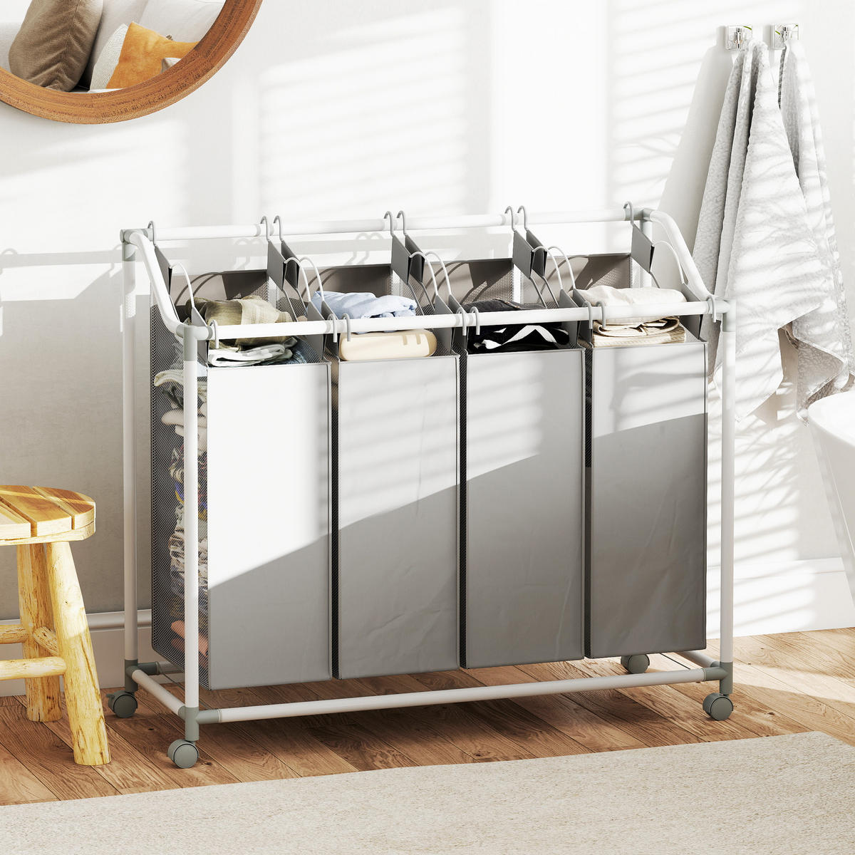 WÄSCHEKORB mit 4 Fächer 160 L Wäschesammler mit Räder herausnehmbarer Wäschesack - Grau, Textil (38/81/97cm) - HOMCOM