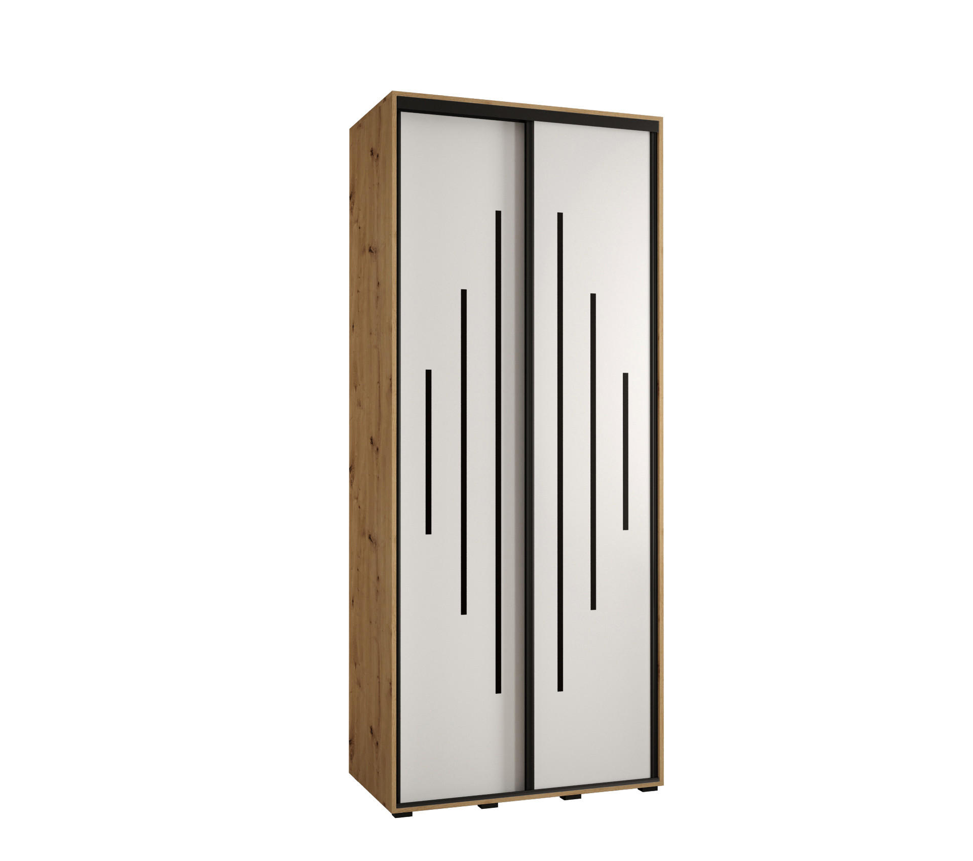 Abiks Möbel Schwebetürenschrank Eiche Artisan, Weiß, Schwarz 120x235x45 cm