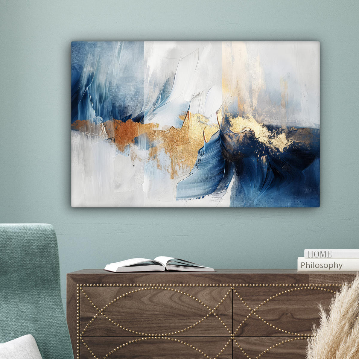 LEINWANDBILD Gold - Blau - Aquarell - Kunst - Modern Wanddeko 90x60 cm - Hellblau, Textil (90/60cm) - MuchoWow