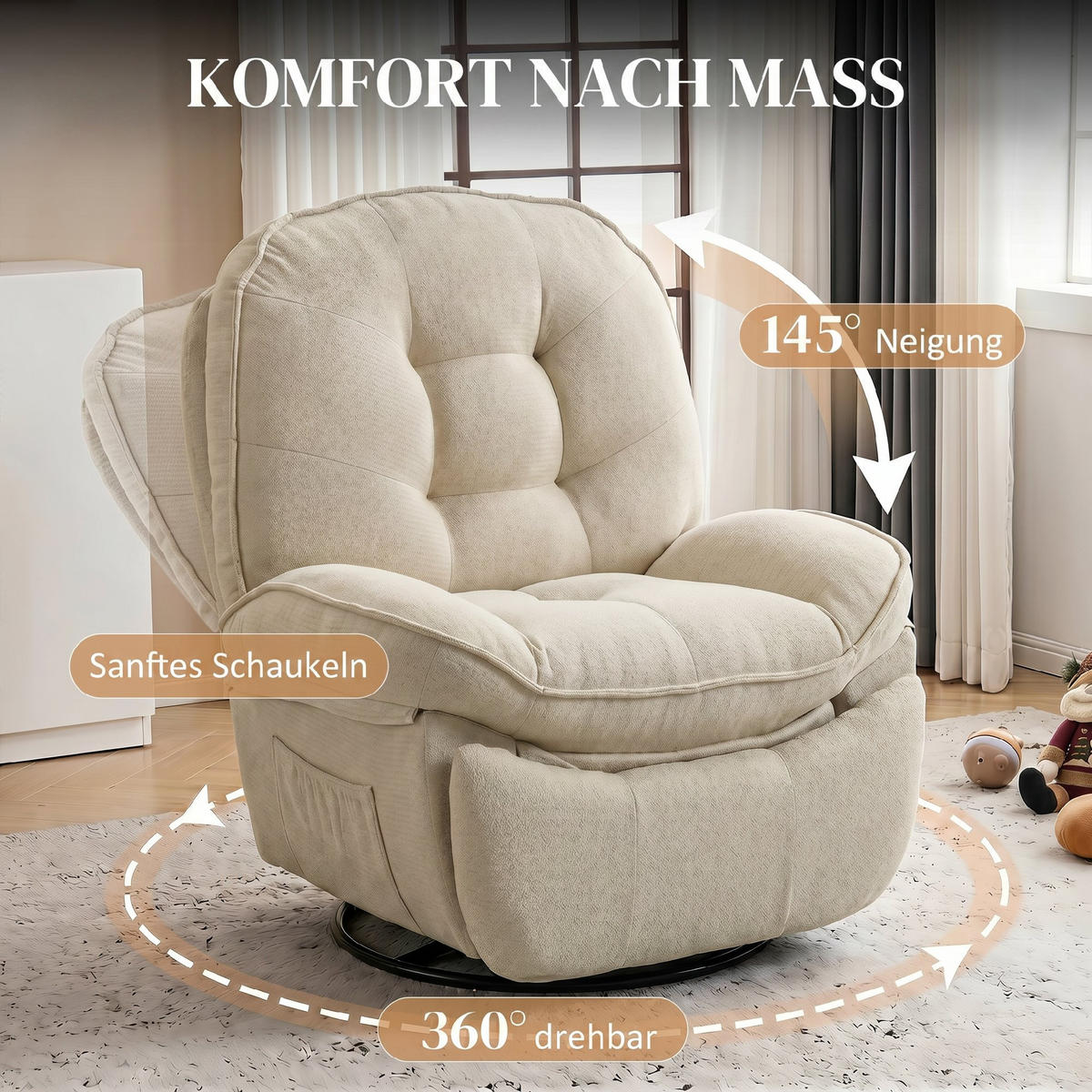 RELAXSESSEL,CHENILLE manuell 360° Dreh-Wippsessel,cremeweiß - Weiß, Textil (94/104/95cm) - Vallsero