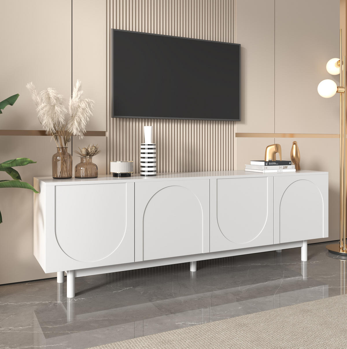 TV ormarić 175/38/56 cm bijeli od iverice s 4 vrata i podesivim policama - bijela, drvni materijal (175/56/38cm) - OKWISH
