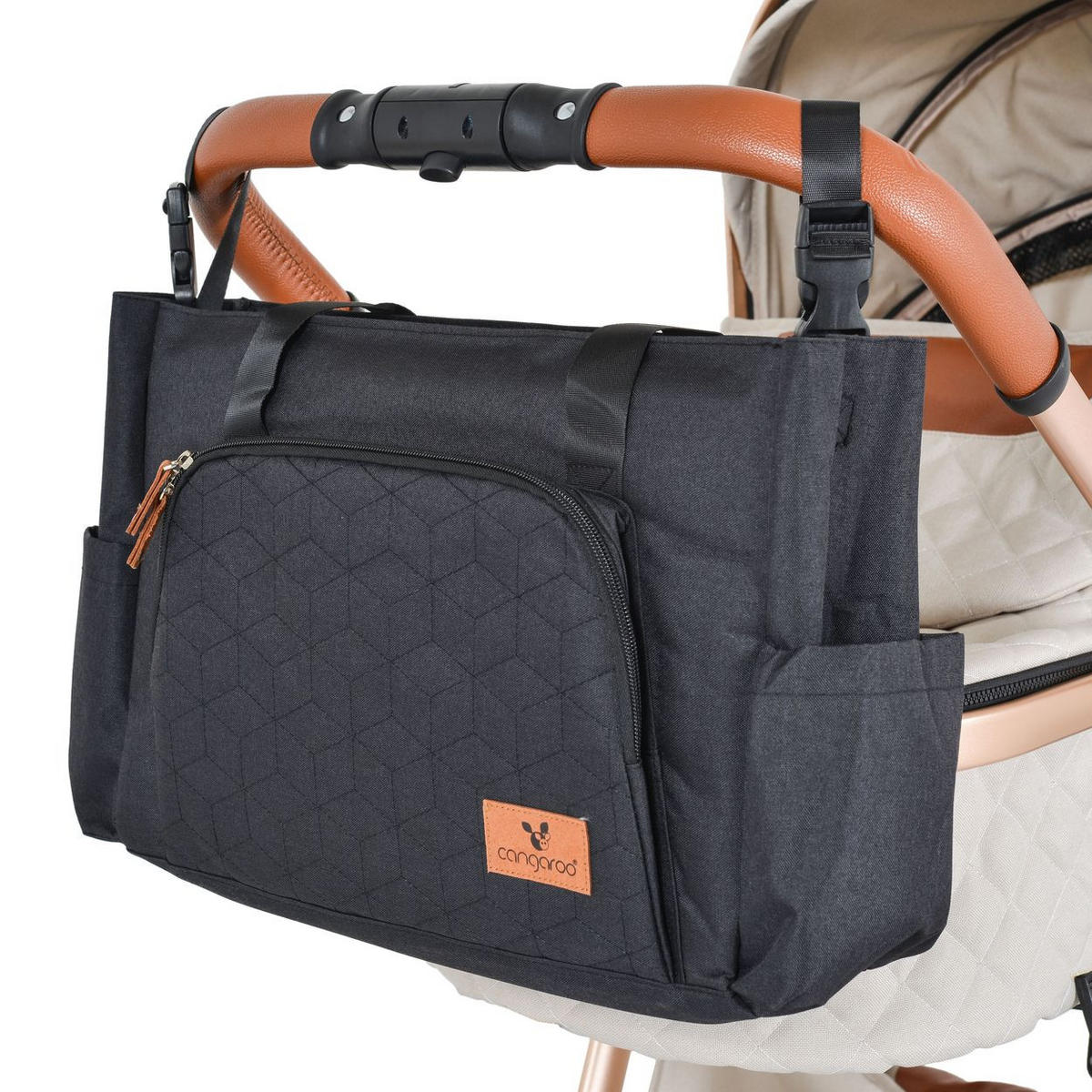 WICKELTASCHE Keily schwarz Wickelunterlage, Vordertasche, Seitentaschen, Kinderwagenclips - Schwarz, Textil (13/29/44cm) - Cangaroo