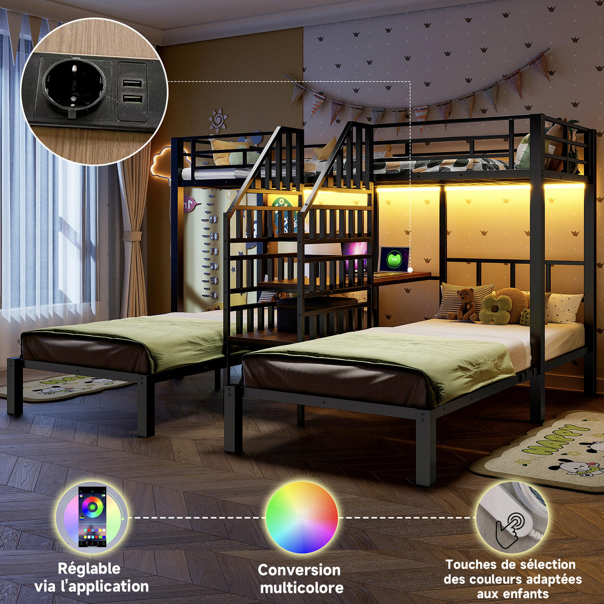 ETAGENBETT Kinderbett 90x200 Schwarz - Schwarz, Metall (90/200cm) - ComfortXL